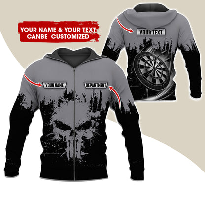 Personalized Name & Text Darts Premium Zip Hoodie, Customized Skull Dartboard Team Zip Hoodie For Men & Women - Gift For Darts Lovers, Darts Players