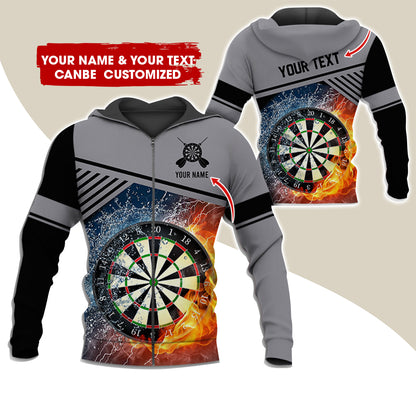 Custom Name & Text Darts Premium Zip Hoodie, Customized Ice & Fire Dartboard Zip Hoodie For Men & Women - Gift For Darts Lovers, Darts Players