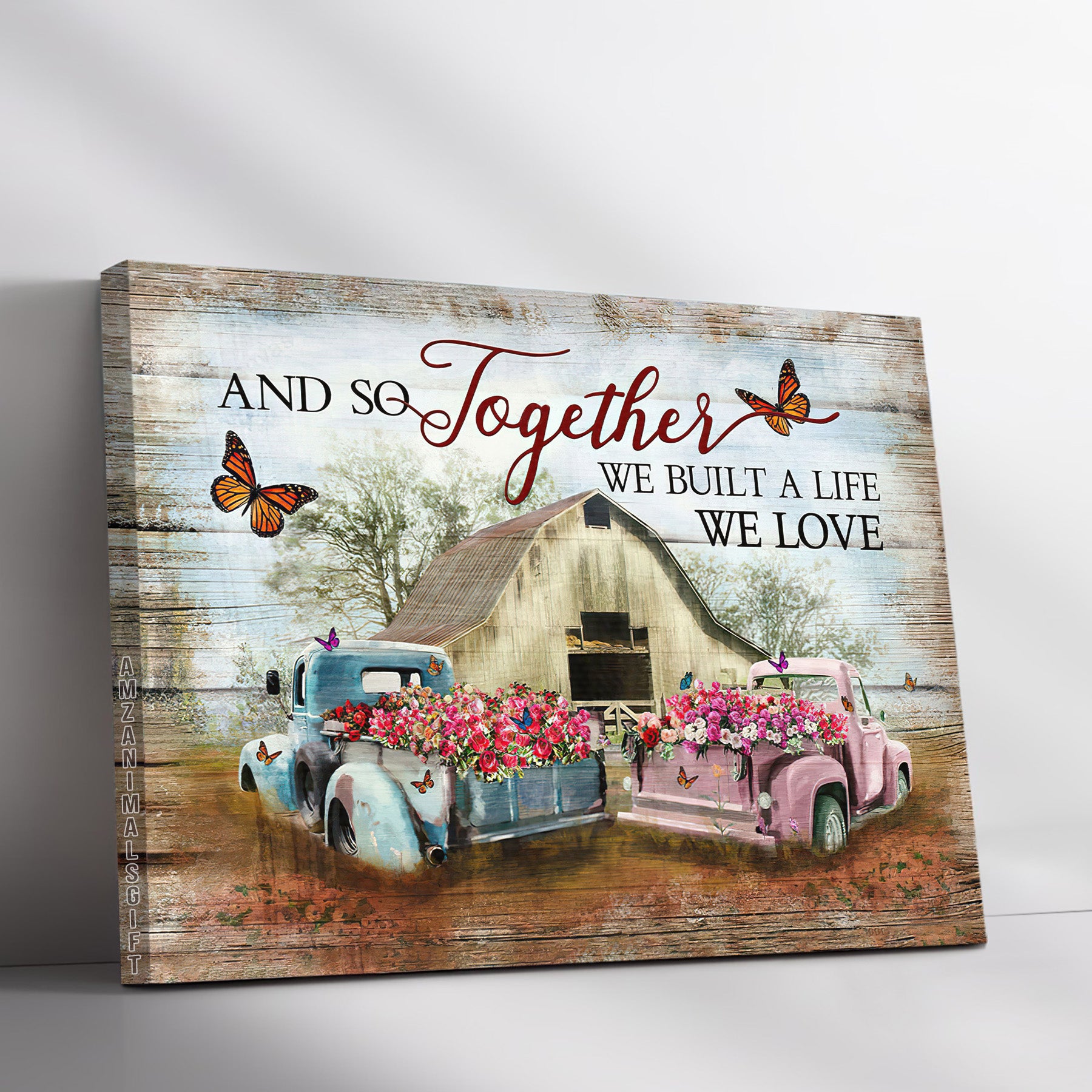Farm & Jesus Premium Wrapped Landscape Canvas - Old Barn Painting, Flower Car, Butterfly, And so together We built a life we love - Gift For Christian