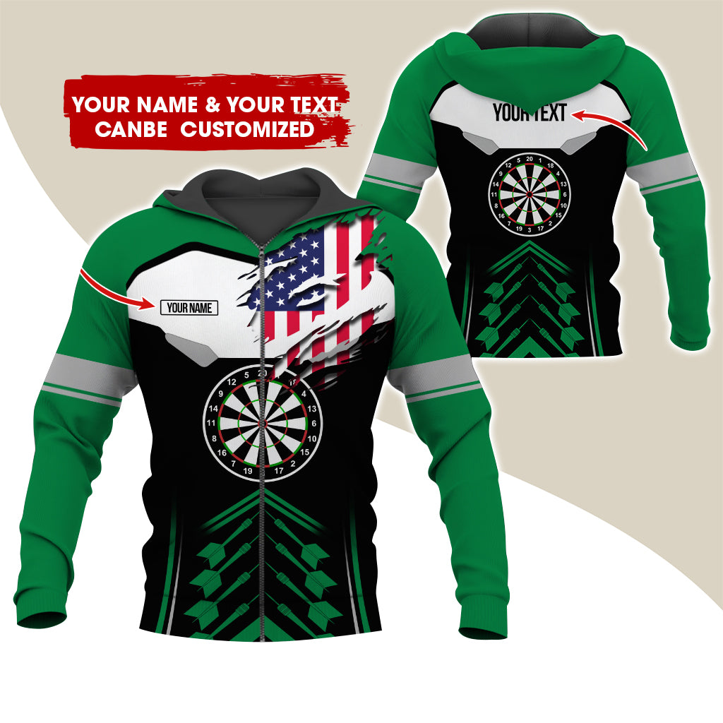 Customized Name American Flag Darts Premium Zip Hoodie, Personalized Black Pattern Zip Hoodie For Men & Women - Gift For Darts Lovers, Darts Players