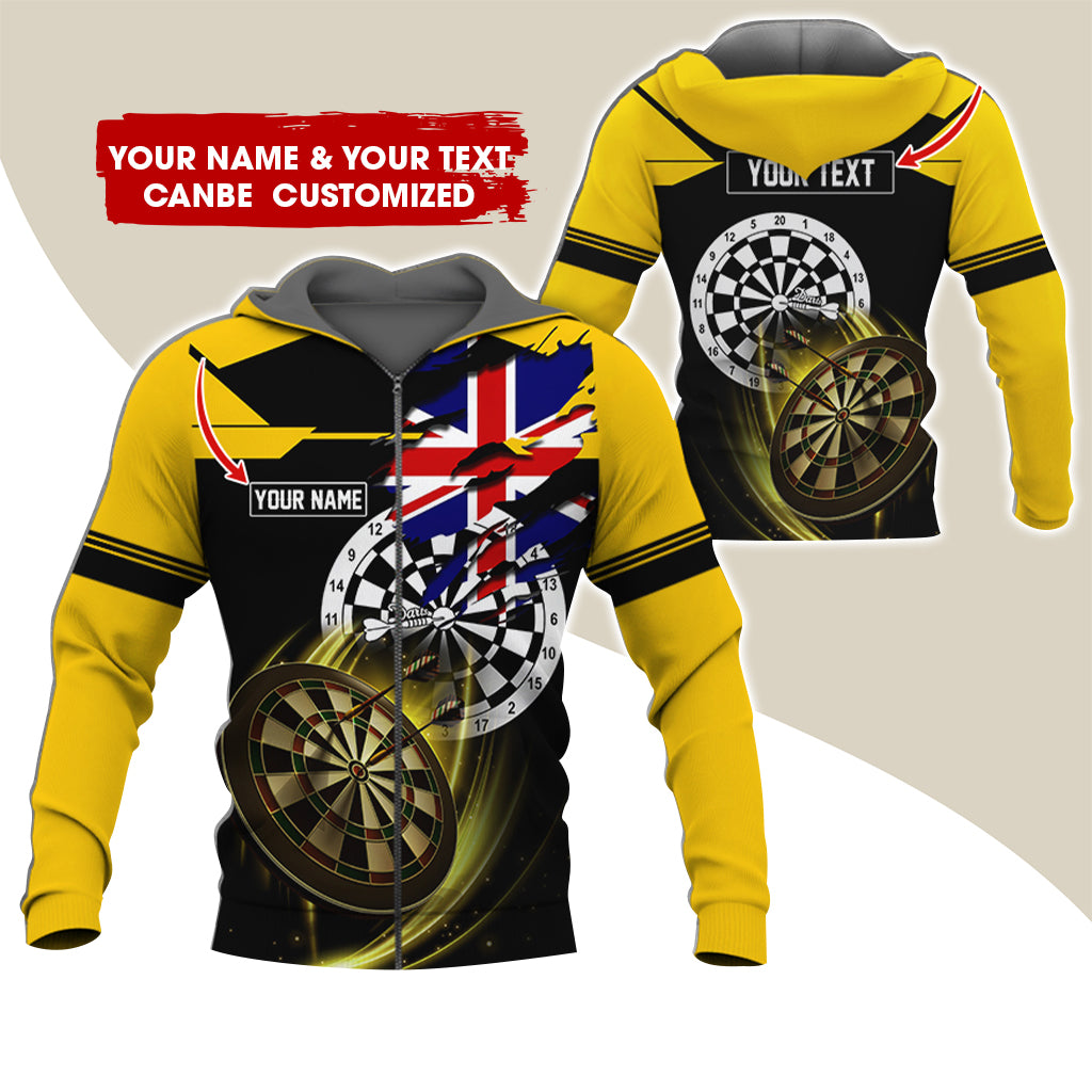 Customized Name & Text Darts Premium Zip Hoodie, Personalized England Flag Zip Hoodie For Men & Women - Gift For Darts Lovers, Darts Players