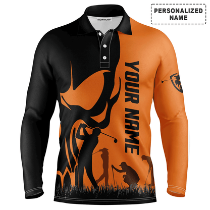 Custom Golf Long Sleeve Men Polo Shirt, Custom Name Skull Golf Ball Skin Apparel Men Golf Polo Shirt - Perfect Gift For Men, Golf Lovers