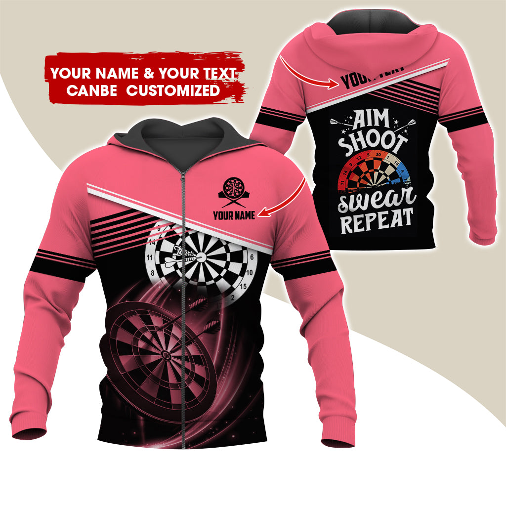 Customized Name & Text Darts Premium Zip Hoodie, Personalized Aim Shoot Sweat Repeat Zip Hoodie For Men & Women - Gift For Darts Lovers, Darts Players