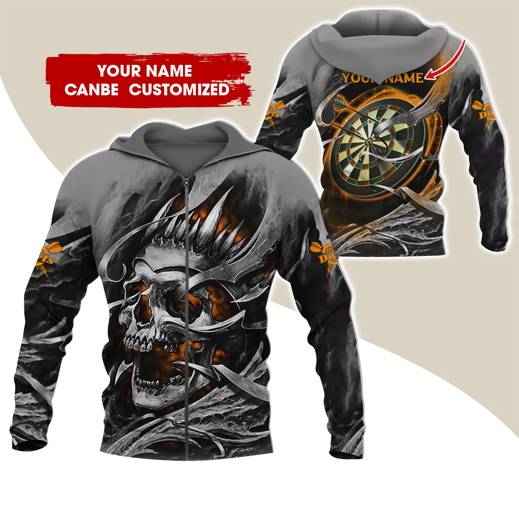 Customized Name Skull Darts Premium Zip Hoodie, Personalized Name Dartboard Zip Hoodie For Men & Women - Gift For Darts Lovers, Darts Players