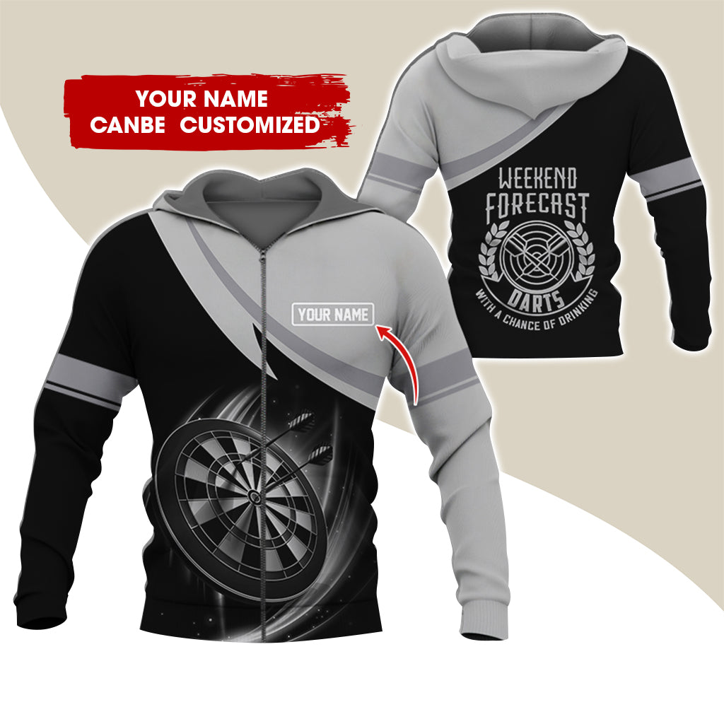 Personalized Name Darts Premium Zip Hoodie, Custom Name Weekend Forecast Darts Zip Hoodie For Men & Women - Gift For Darts Lovers, Darts Players