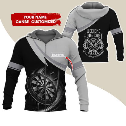Personalized Name Darts Premium Zip Hoodie, Custom Name Weekend Forecast Darts Zip Hoodie For Men & Women - Gift For Darts Lovers, Darts Players