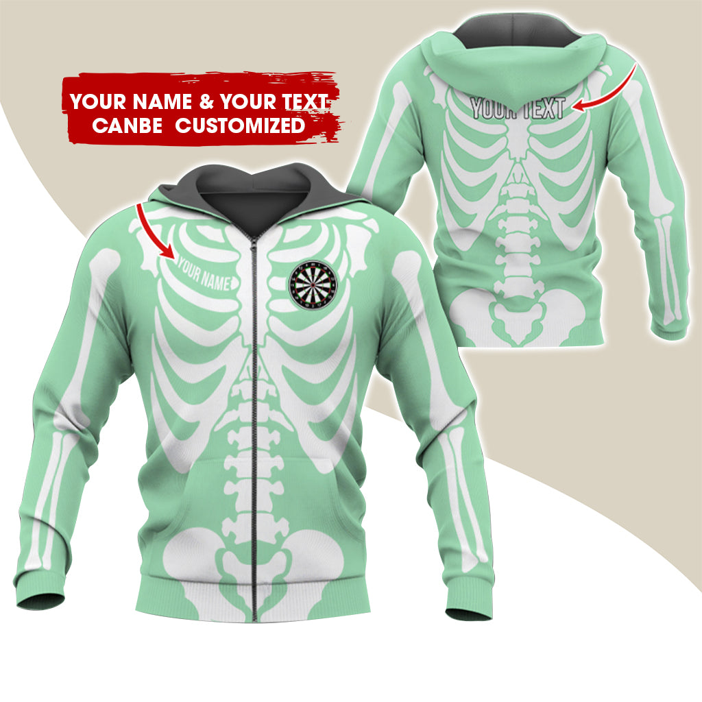Customized Name & Text Skeleton Darts Premium Zip Hoodie, Personalized Name Darts Zip Hoodie For Men & Women - Gift For Darts Lovers, Darts Players