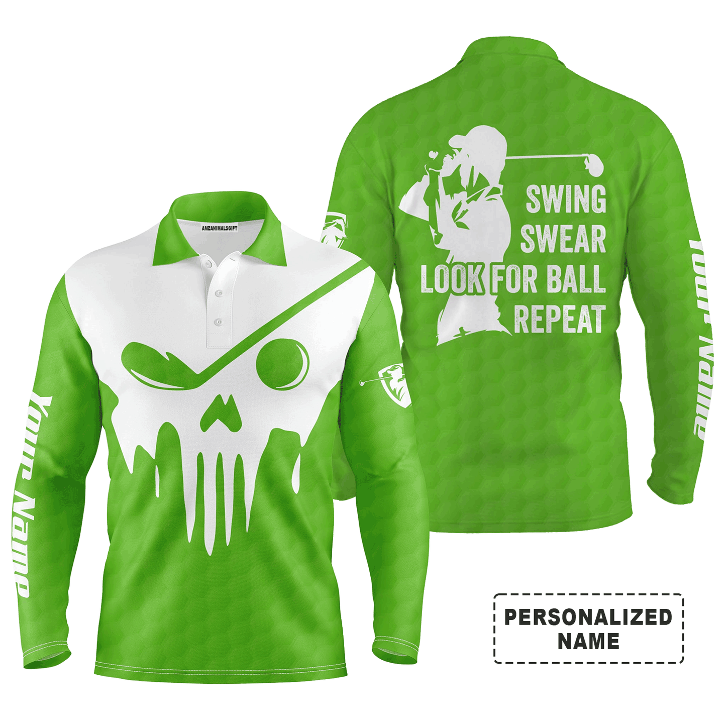 Custom Golf Long Sleeve Men Polo Shirt- Custom Name Multicolor Golf Skull - Swing Swear Look For Ball Repeat Men Polo Shirt For Golf Lover