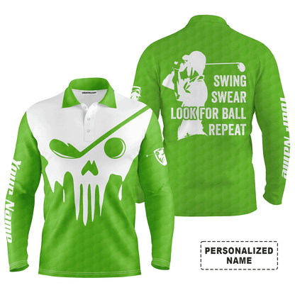 Custom Golf Long Sleeve Men Polo Shirt- Custom Name Multicolor Golf Skull - Swing Swear Look For Ball Repeat Men Polo Shirt For Golf Lover