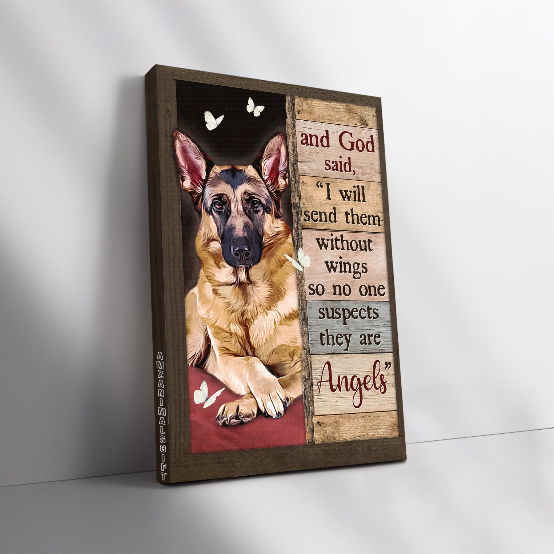 German Shepherd & Jesus Premium Wrapped Portrait Canvas - German Shepherd Drawing, Butterfly, I Will Send Them Without Wings - Gift For Christian