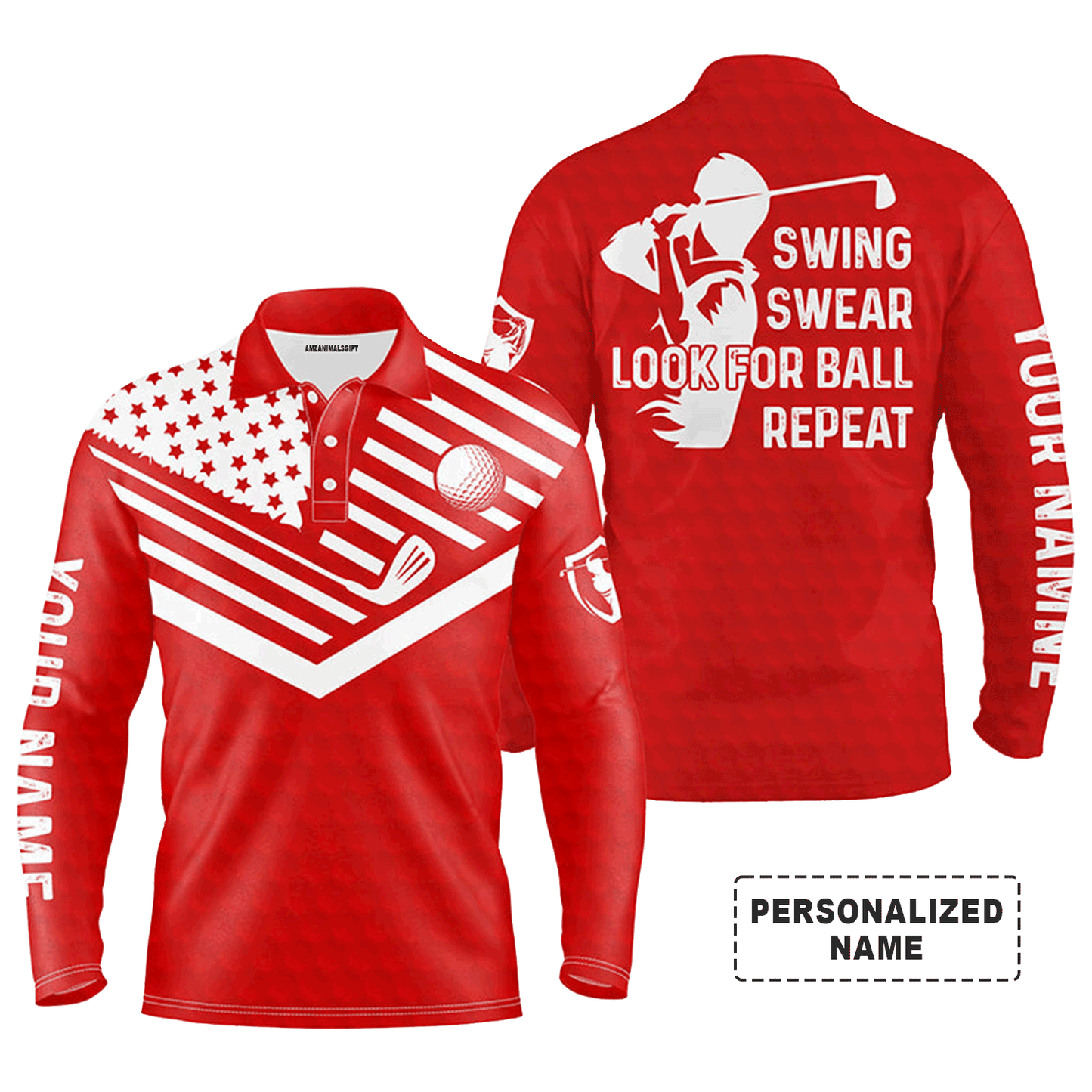 Custom Golf Long Sleeve Men Polo Shirt -  Custom Name American Flag Apparel - Swing Swear Look For Ball Repeat Men Golf Polo Shirt
