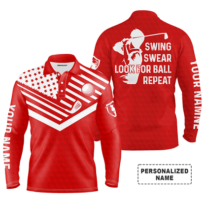 Custom Golf Long Sleeve Men Polo Shirt -  Custom Name American Flag Apparel - Swing Swear Look For Ball Repeat Men Golf Polo Shirt