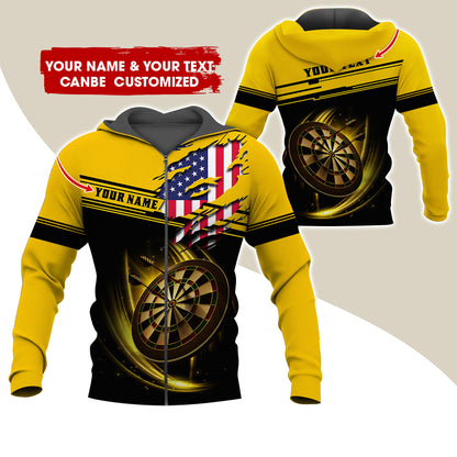 Custom Name & Text Darts Premium Zip Hoodie, Customized Name American Flag Darts Zip Hoodie For Men & Women - Gift For Darts Lovers, Darts Players