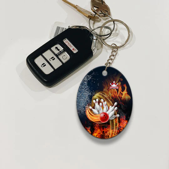 Customized Name Red Bowl And Pins In Water And Fire Acrylic Keychain - Christmas Gift For Bowling Lovers, Bowling Players, Family, Friends