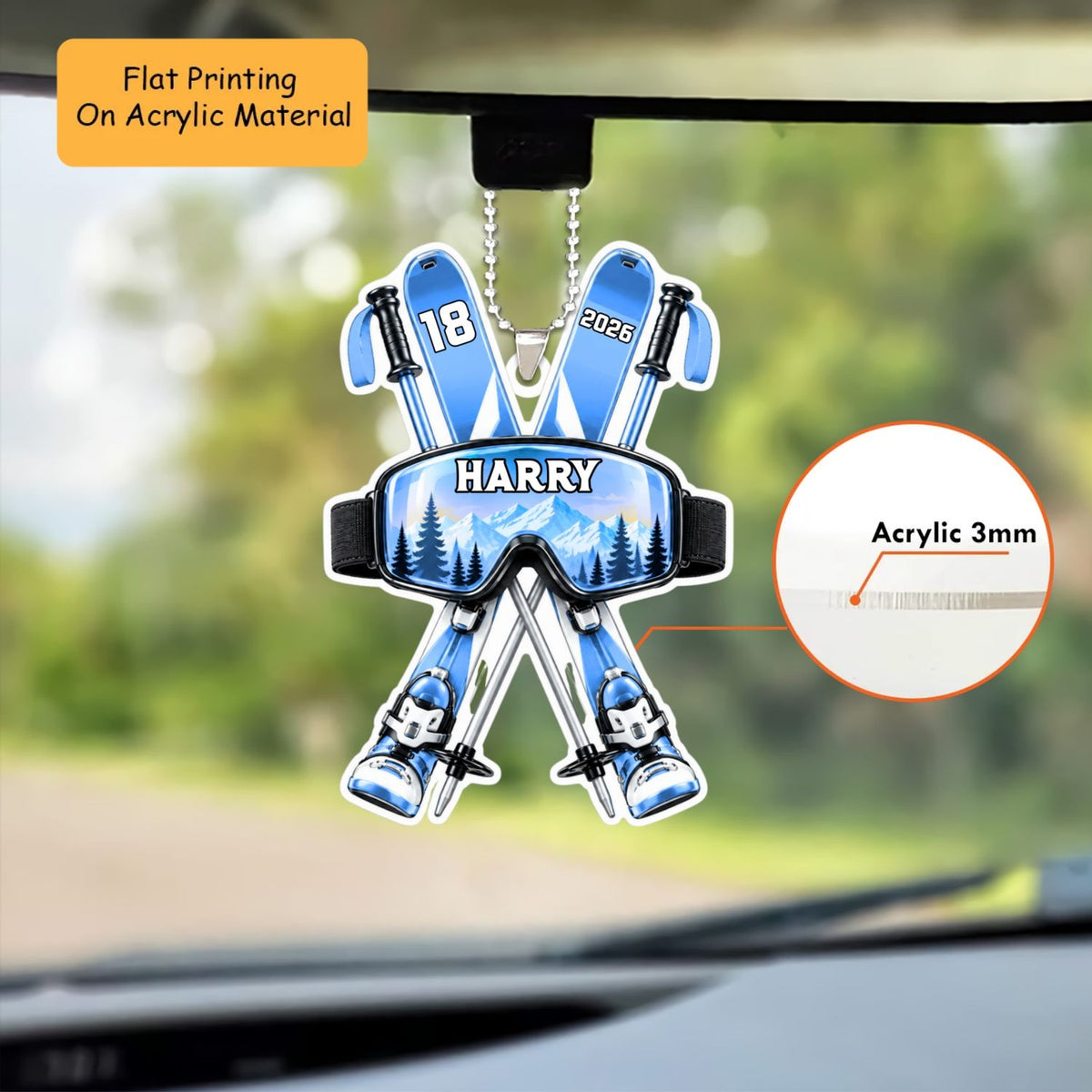 Personalized Skiing Christmas Flat Printed Acrylic Ornament, Skiing Things, Custom Ornament Christmas Gift, Keychain Skiing, Car Ornament Skiing