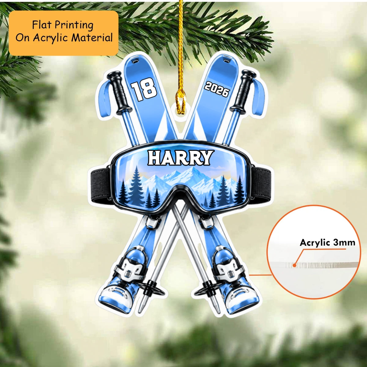Personalized Skiing Christmas Flat Printed Acrylic Ornament, Skiing Things, Custom Ornament Christmas Gift, Keychain Skiing, Car Ornament Skiing