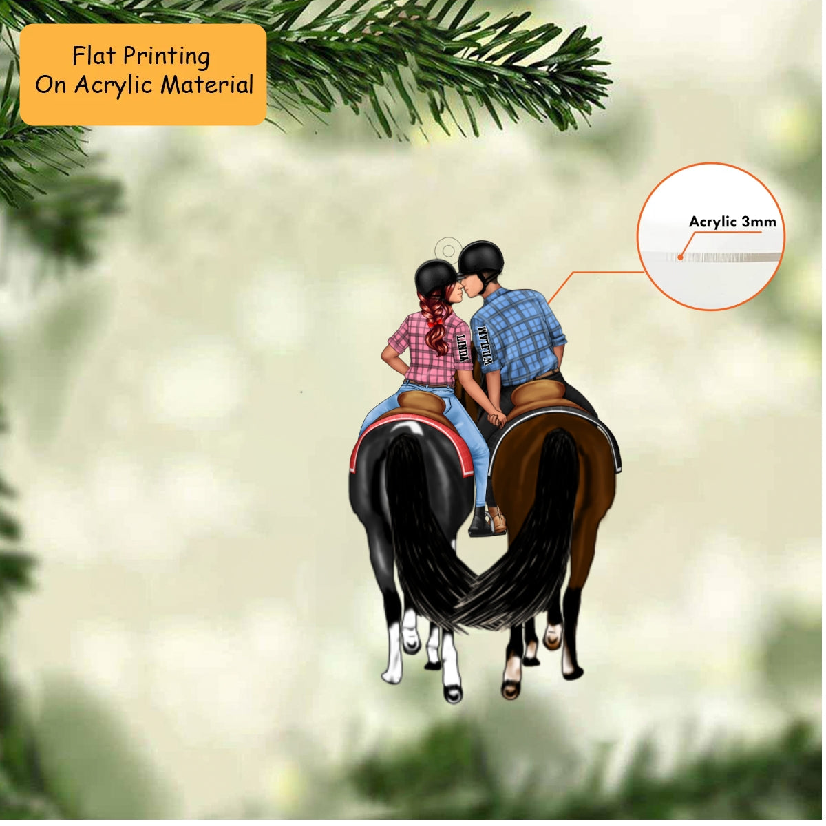 Personalized Equestrian Couple Christmas Ornament, Romantic Horseback Kiss Intertwined Tails, Custom Ornament Christmas Gift, Keychain Equestrian, Car Ornament Equestrian