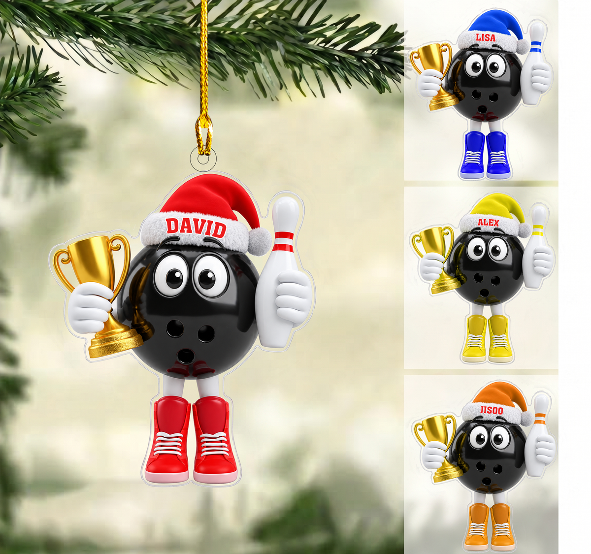 Personalized Bowling Champion Christmas Ornament, Black Ball Mascot Holding Trophy And Pin, Custom Ornament Christmas Gift, Keychain Bowling, Car Ornament Bowling