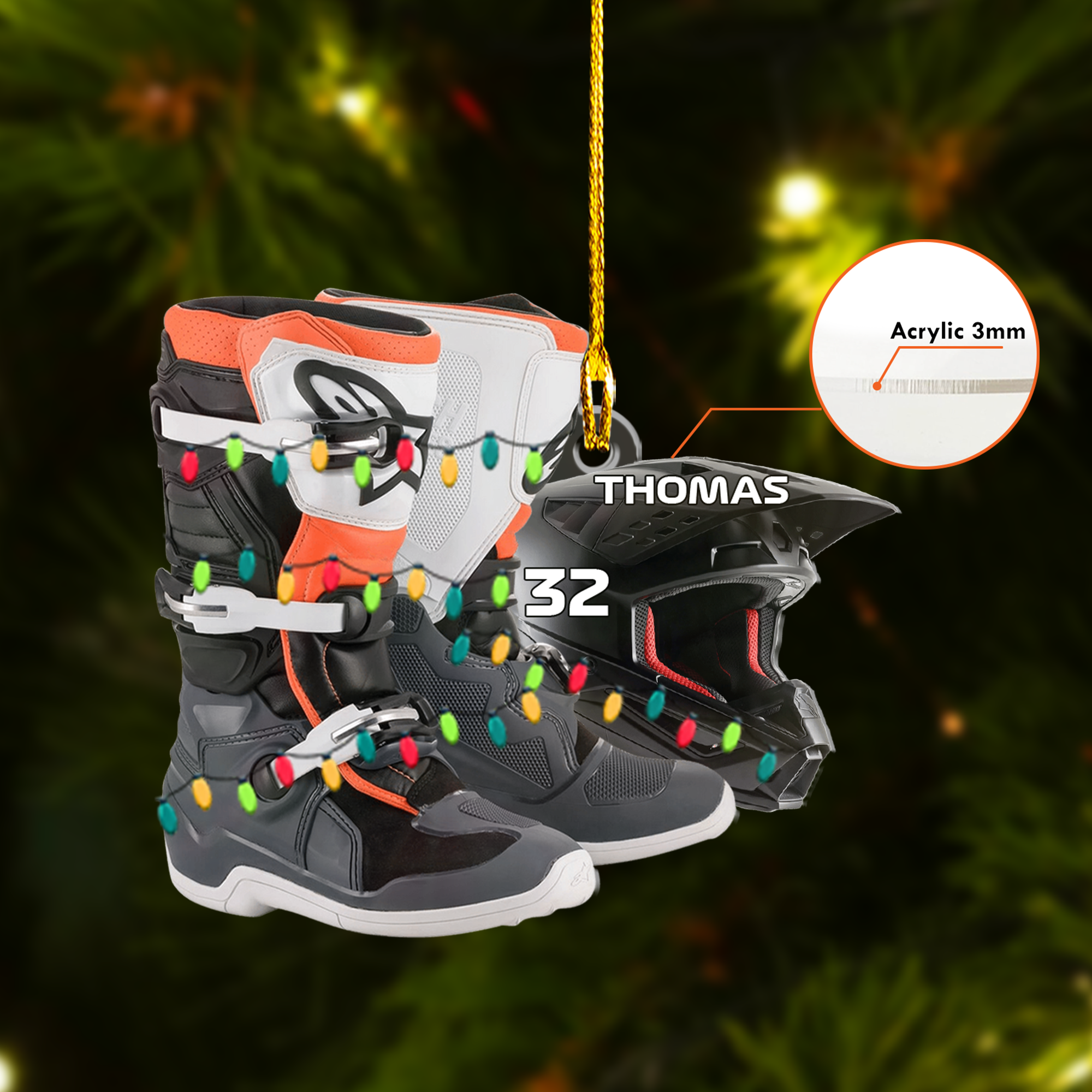 Personalized Motocross Helmet And Shoes Flat Acrylic Ornament, Meaningful Ornament Gifts For Motocross Lovers, Family