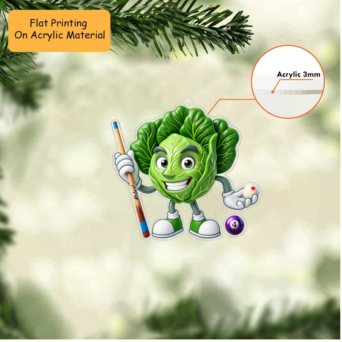 Personalized Billiards Christmas Ornament, Funny Cabbage Mascot Holding Pool Cue, Custom Ornament Christmas Gift, Keychain Billiards, Car Ornament Billiards