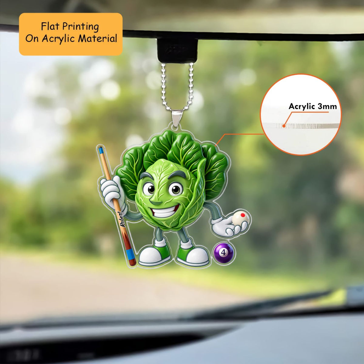 Personalized Billiards Christmas Ornament, Funny Cabbage Mascot Holding Pool Cue, Custom Ornament Christmas Gift, Keychain Billiards, Car Ornament Billiards