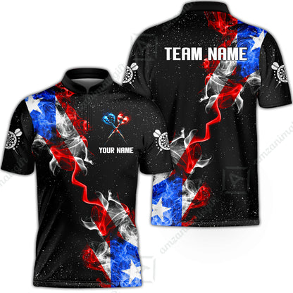 Customized American Flag Darts Stand Collar Quater-Zip, Darts Smoke USA Flag Team Style Jersey Polo Shirt, Outfit for Darts Players