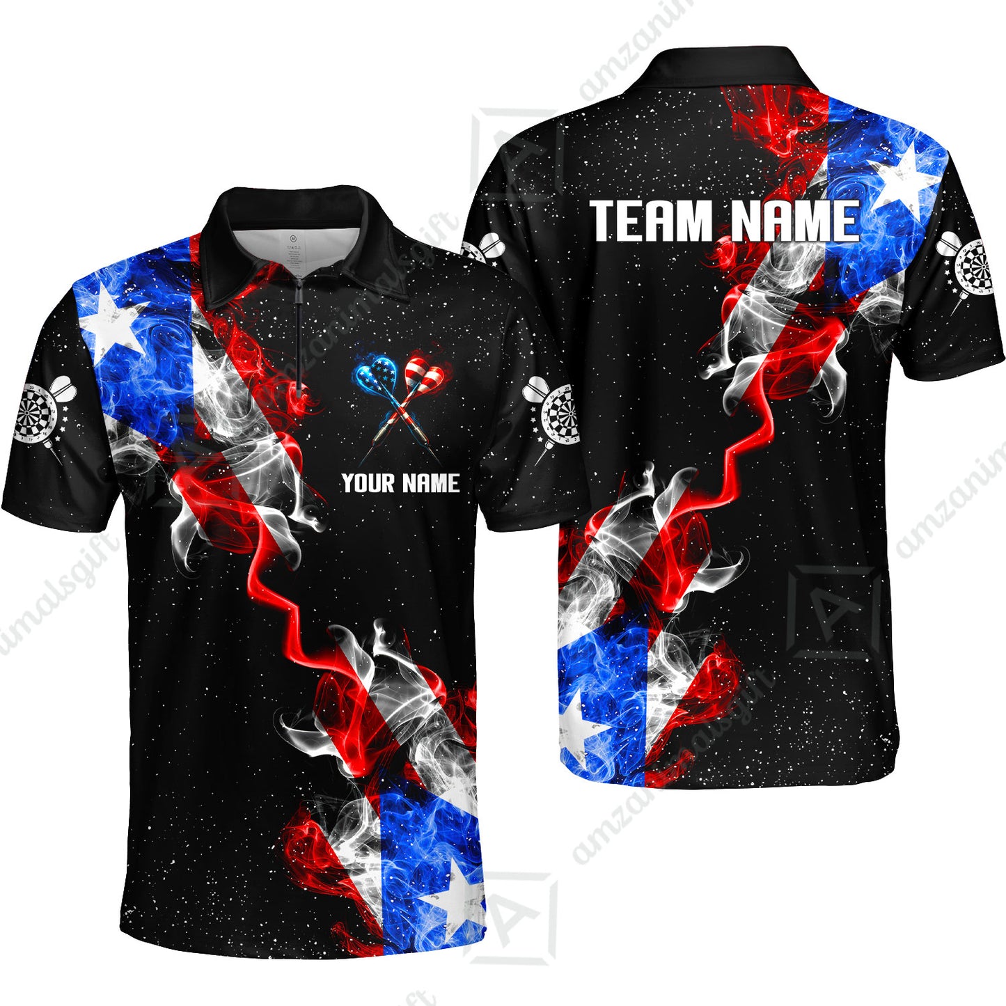 Customized American Flag Darts Stand Collar Quater-Zip, Darts Smoke USA Flag Team Style Jersey Polo Shirt, Outfit for Darts Players