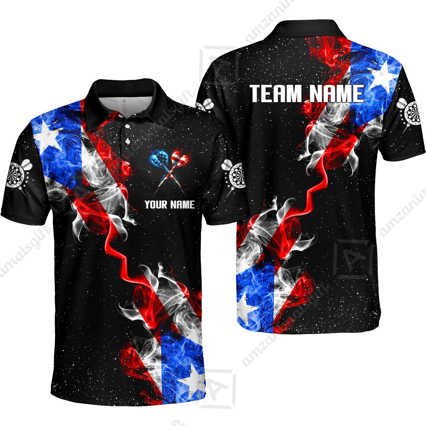 Customized American Flag Darts Stand Collar Quater-Zip, Darts Smoke USA Flag Team Style Jersey Polo Shirt, Outfit for Darts Players