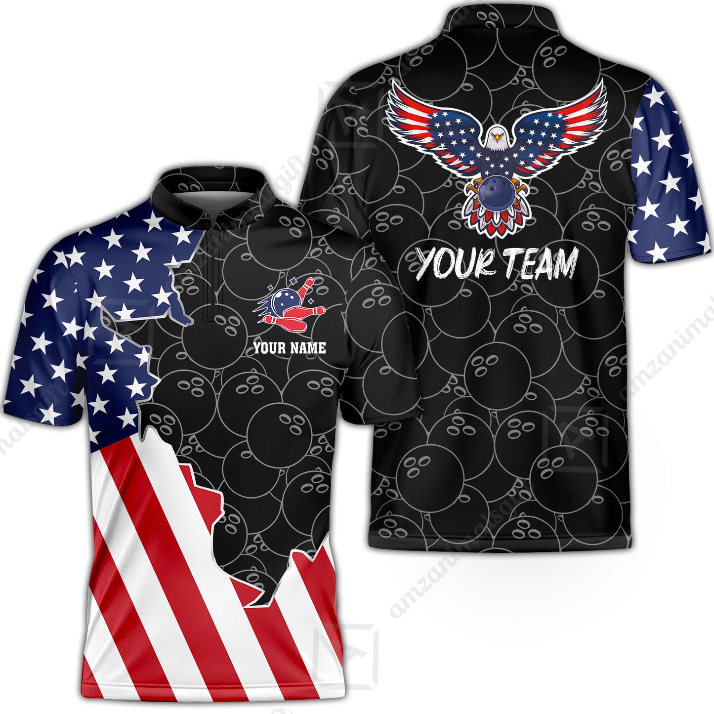 Custom Bowling Team Uniform American Flag with Eagle Symbol, Personalized Name And Team Name