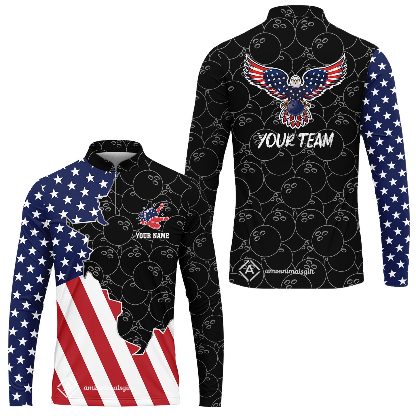 Custom Bowling Team Uniform American Flag with Eagle Symbol, Personalized Name And Team Name