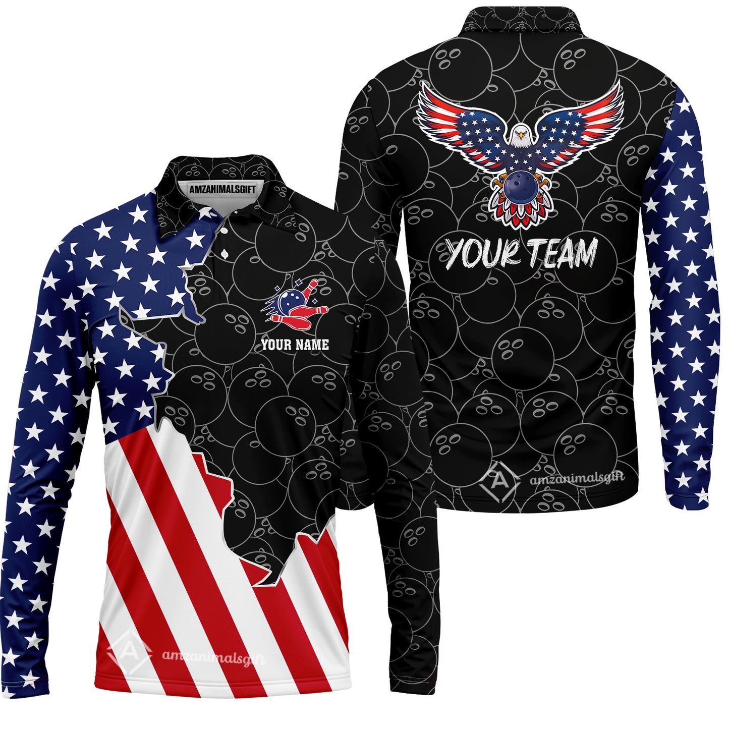 Custom Bowling Team Uniform American Flag with Eagle Symbol, Personalized Name And Team Name