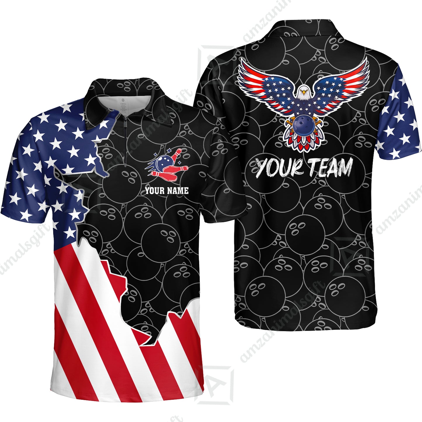 Custom Bowling Team Uniform American Flag with Eagle Symbol, Personalized Name And Team Name