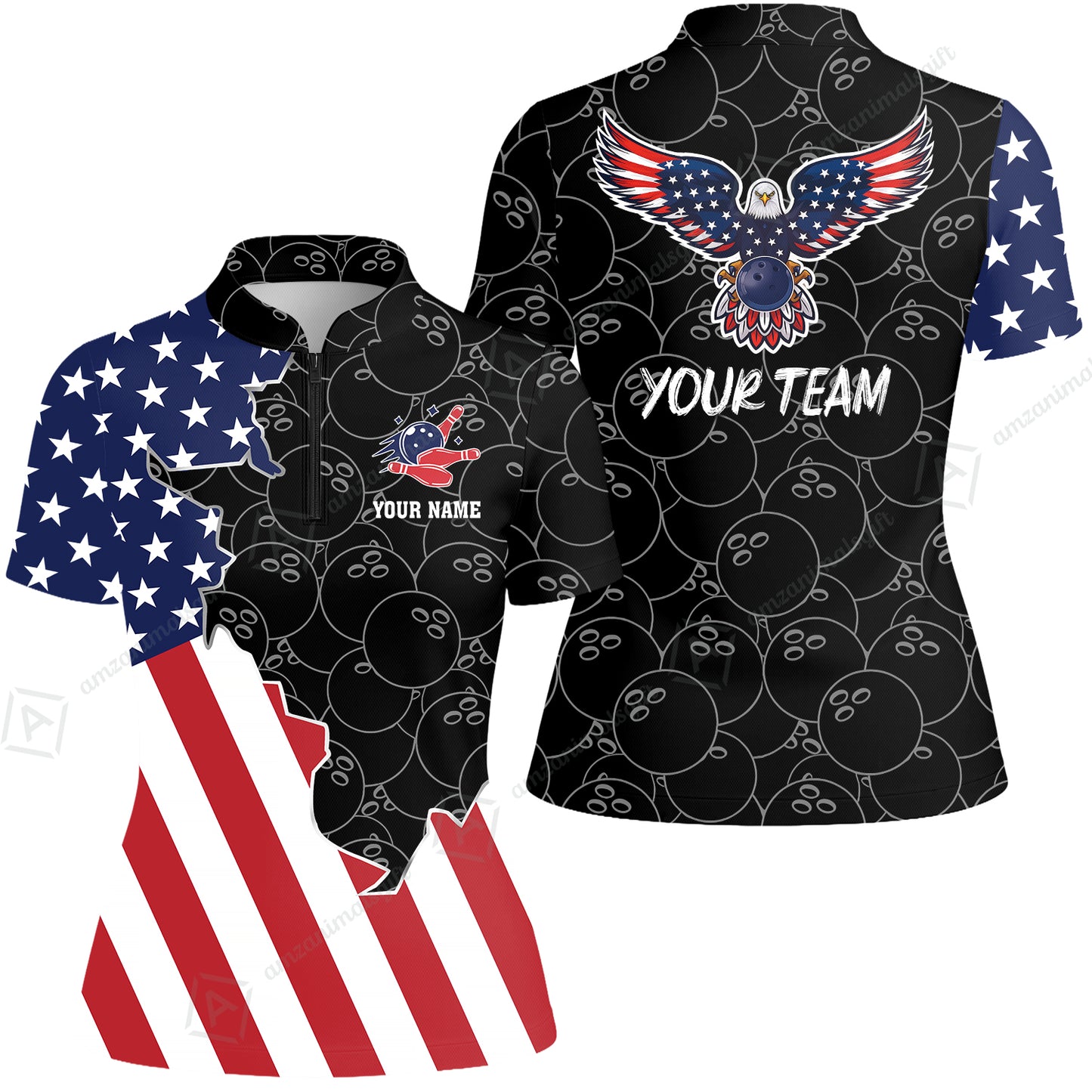 Custom Bowling Team Uniform American Flag with Eagle Symbol, Personalized Name And Team Name