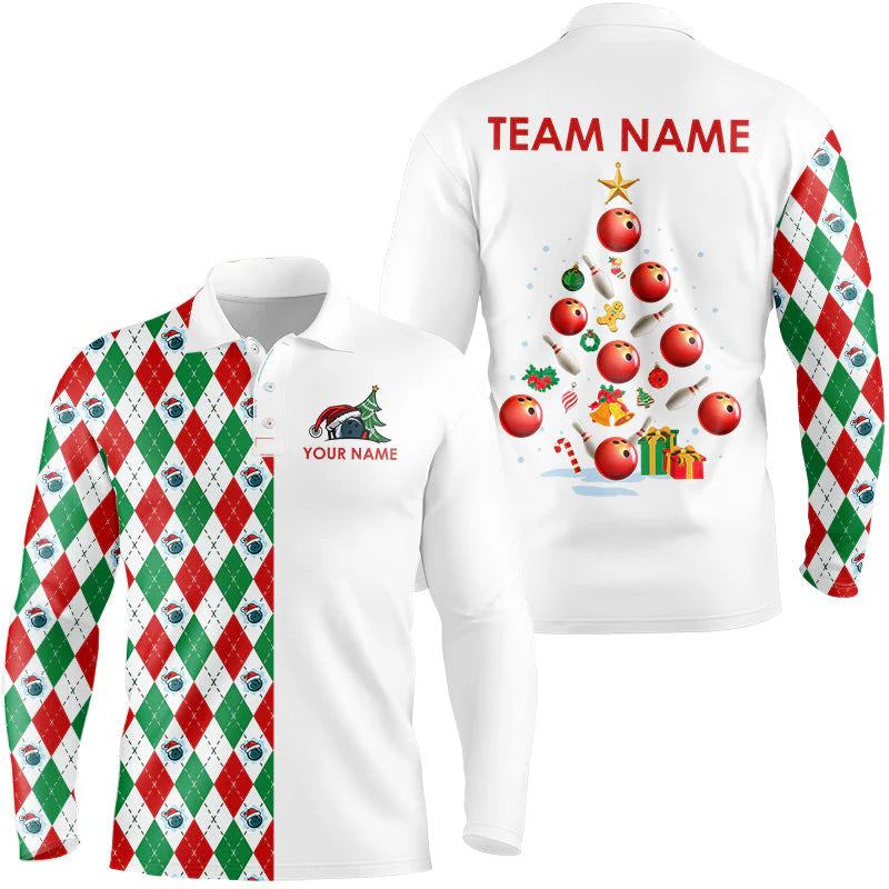 Argyle pattern Christmas tree Bowling Shirts, Custom  Team Polo Shirt, Bowling uniforms - Bowling Shirts Personalized Name And Team Name