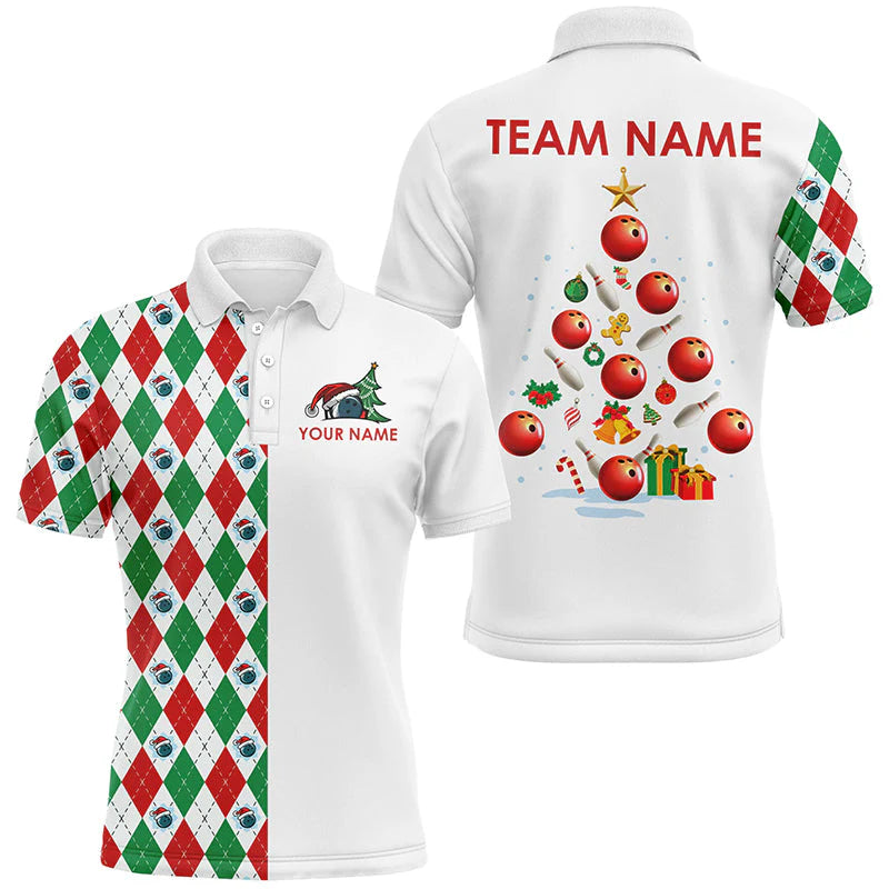Argyle pattern Christmas tree Bowling Shirts, Custom  Team Polo Shirt, Bowling uniforms - Bowling Shirts Personalized Name And Team Name