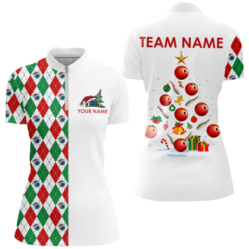 Argyle pattern Christmas tree Bowling Shirts, Custom  Team Polo Shirt, Bowling uniforms - Bowling Shirts Personalized Name And Team Name