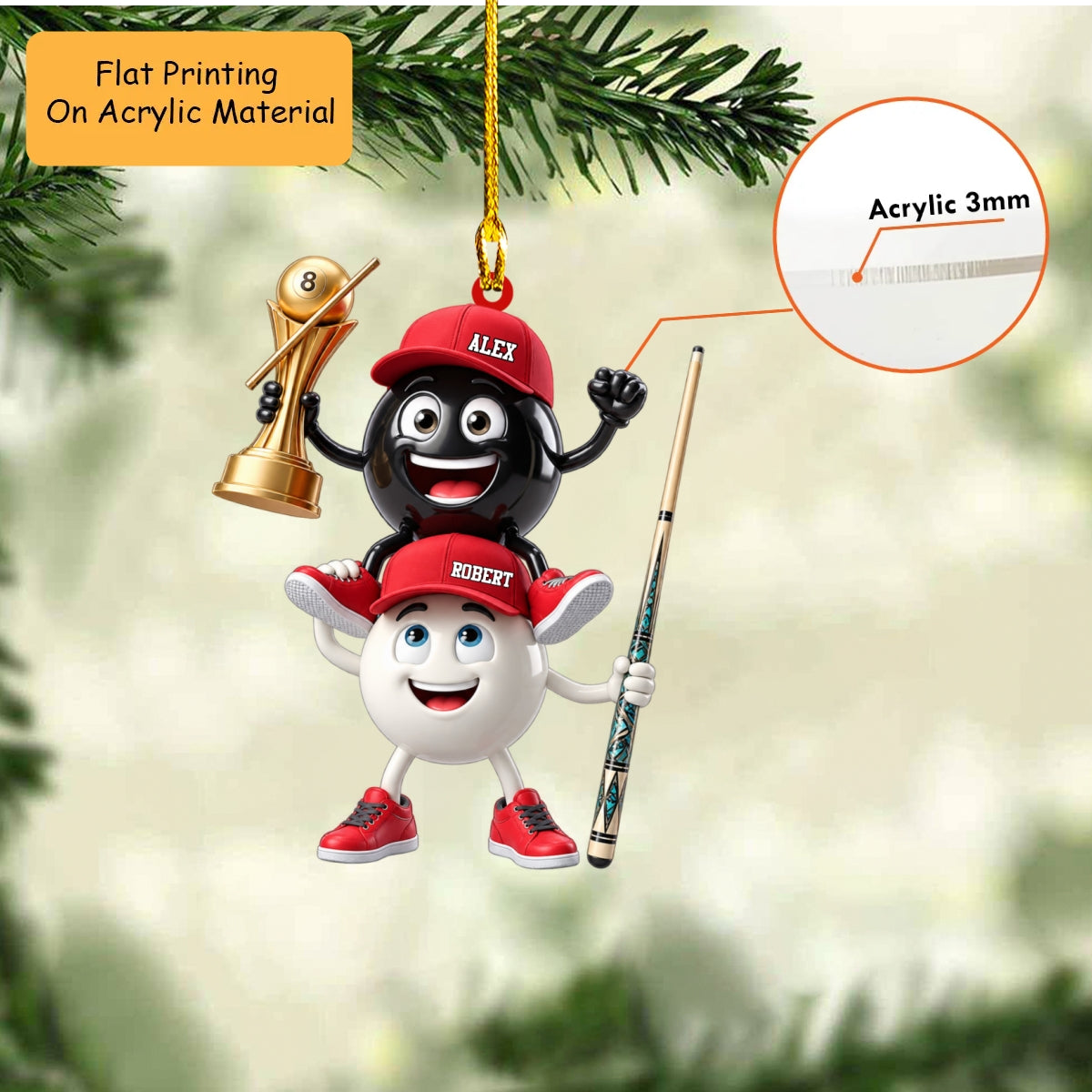 Personalized Billiards Christmas Ornament, 8 Ball And Cue Ball Piggyback Trophy Mascot, Custom Ornament Christmas Gift, Keychain Billiards, Car Ornament Billiards