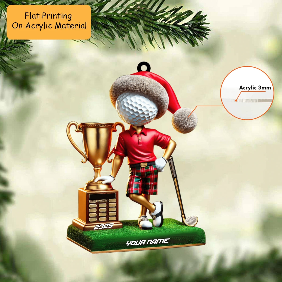 Personalized Golf Champion Acrylic Ornament, Golf Christmas Keychain, Car Ornament, Christmas Ornament Gifts