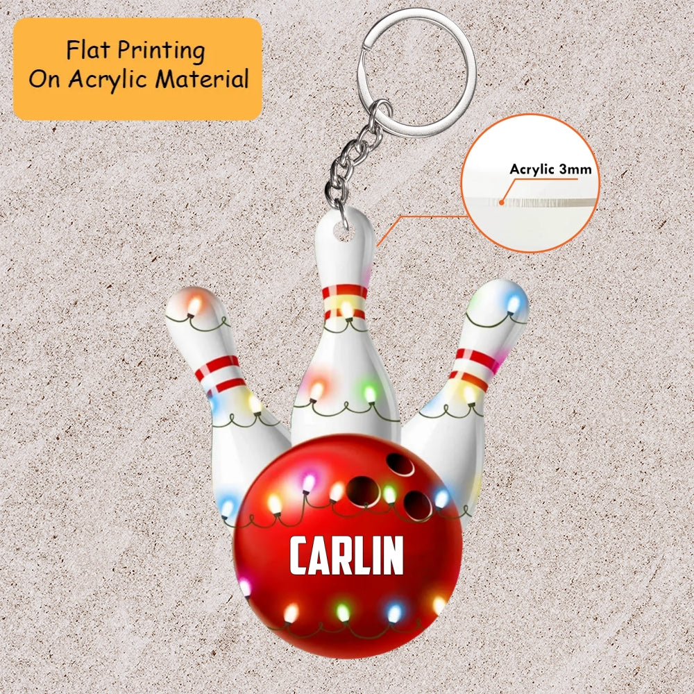 Personalized Bowling Ball Christmas Holding Pins Acrylic Ornament, Bowling Keychain, Car Ornament, Christmas Ornament Gifts