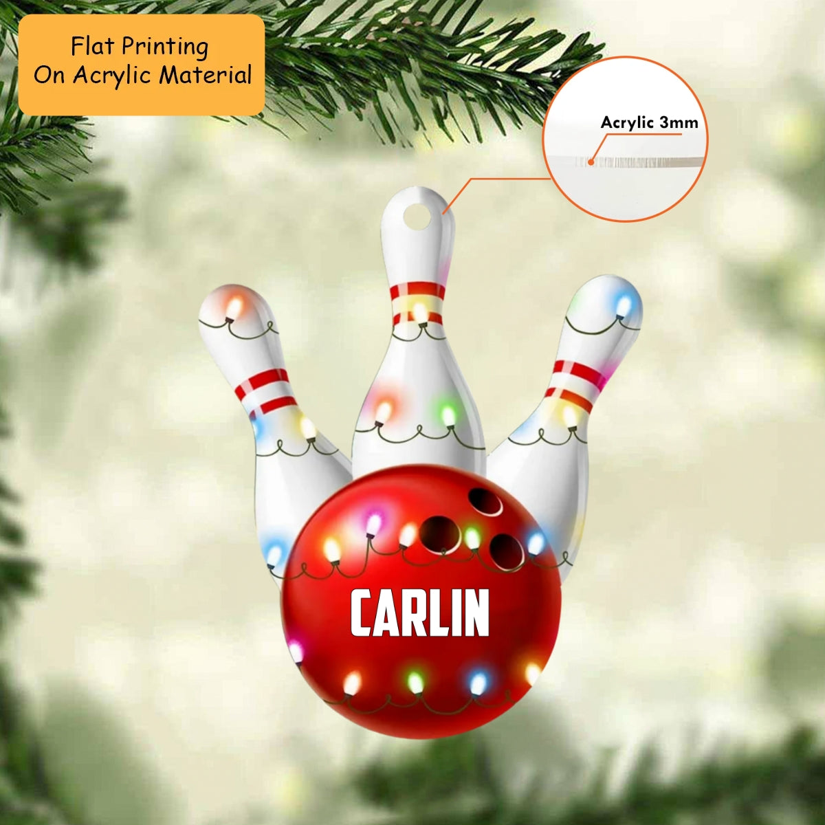 Personalized Bowling Ball Christmas Holding Pins Acrylic Ornament, Bowling Keychain, Car Ornament, Christmas Ornament Gifts