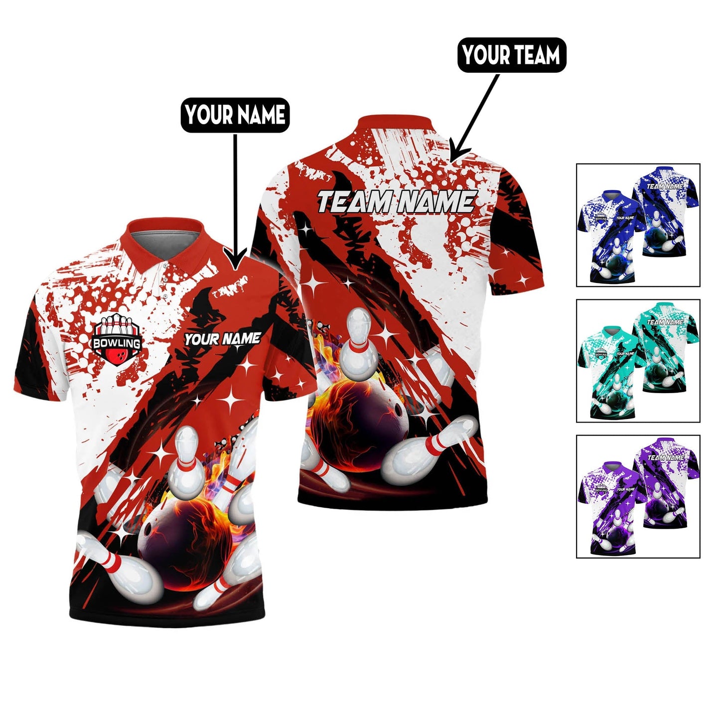 Custom Bowling Team Jerseys Polo Shirts, Bowling Uniforms Polo Brush Patterns, Multi Colors Personalized Name And Team Name