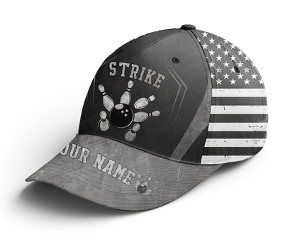 Customized Bowling Classic Cap, American Flag Dark Color Strike Bowling Hat For Men Women, Bowlers, Team League