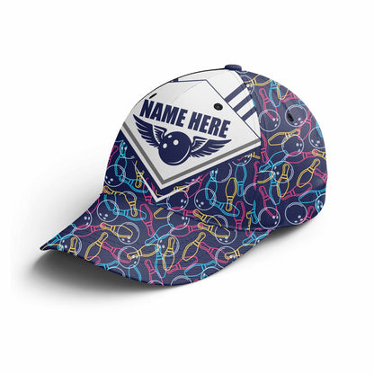 Customized Bowling Classic Cap, Colorful Pins & Ball Pattern Bowling Hat For Men Women, Bowlers, Team League, Bowling Lover