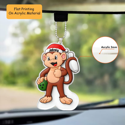 Personalized Bowling Christmas Ornament, Happy Monkey With Bowling, Custom Ornament Christmas Gift, Keychain Bowling, Car Ornament Bowling