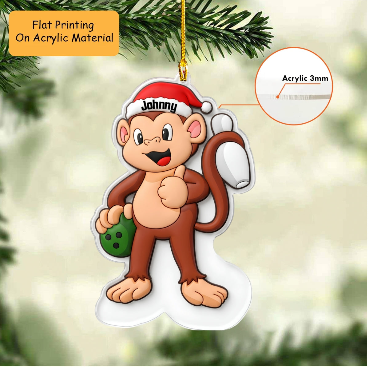 Personalized Bowling Christmas Ornament, Happy Monkey With Bowling, Custom Ornament Christmas Gift, Keychain Bowling, Car Ornament Bowling