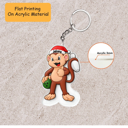 Personalized Bowling Christmas Ornament, Happy Monkey With Bowling, Custom Ornament Christmas Gift, Keychain Bowling, Car Ornament Bowling