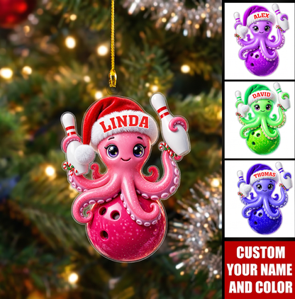 Personalized Bowling Christmas Ornament, Cute Octopus Holding Ball And Pins, Custom Ornament Christmas Gift, Keychain Bowling, Car Ornament Bowling