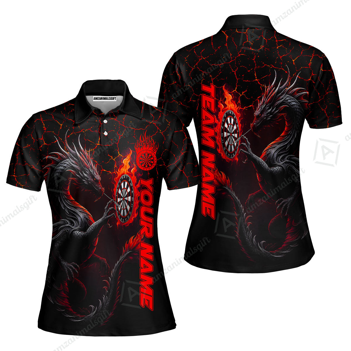 Customized Darts Women Polo Shirt, Big Dragon Dartboard Flame Darts Women Polo Shirt Team Style Jersey for Darts Players