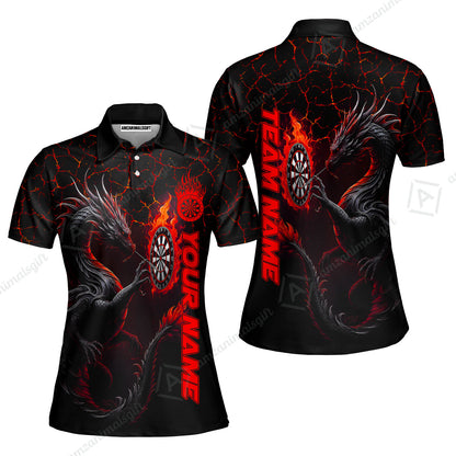 Customized Darts Women Polo Shirt, Big Dragon Dartboard Flame Darts Women Polo Shirt Team Style Jersey for Darts Players
