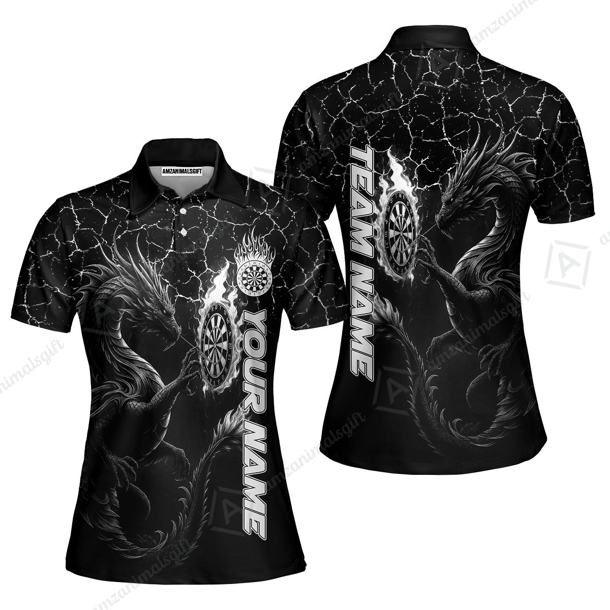 Customized Darts Women Polo Shirt, Big Dragon Dartboard Flame Darts Women Polo Shirt Team Style Jersey for Darts Players